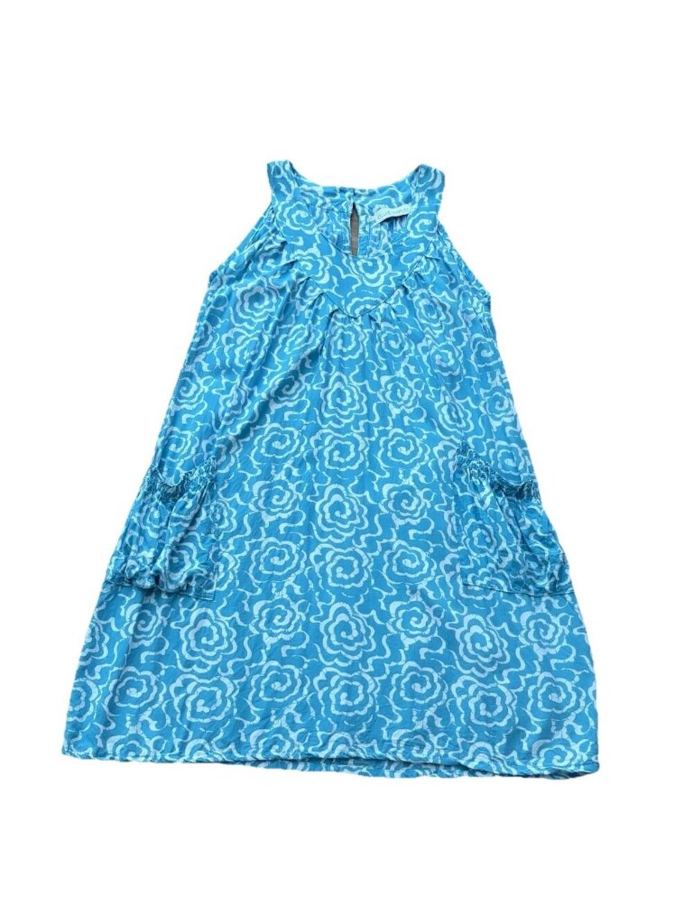Blue Water Medium Aqua Blue White Sleeveless Dress Pockets Hand Made Vintage